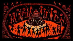 prehistoric religious ritual with Psilocybin in style of Warli painting orange, red to black