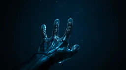 fekete tengerből a mélykék ég felé nyúló átlátszó üveg kar fekete erekkel és öt ujjal, sötét univerzum, halvány csillagok, galaxis, detailed, high realistic, lenyűgöző, dark. gloomy