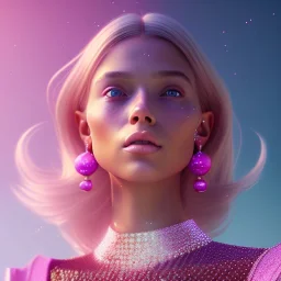 A portrait of a crystalised girl,smiling, longsand blonds hairs, atmospheric, realistic,, cinematic lighting, octane render,, pink turquoise light