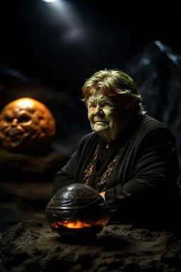 crystall ball on black background containing portrait of Erna Solberg making excuses as fat floating harkonen boss on elvated podium in a rocky desert scene from dune, shot on Hasselblad h6d-400c, zeiss prime lens, bokeh like f/0.8, tilt-shift lens 8k, high detail, smooth render, down-light, unreal engine, prize winning