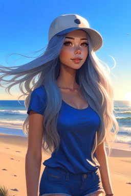 The sun was shining brightly as the beautiful girl kept walking on the shore. Her long, gray hair sparkled in the sun, nestled underneath her navy cap, her big, blue eyes gleaming with life. She was wearing a slim fit shirt which contoured her curves beautifully and matched perfectly with her short shorts. She had an air of confidence and strength as she made her way through the delicate, white sand. As she took in the breathtaking view of the endless ocean, she felt a sense of peace within her.