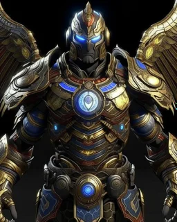 An armor made of a mixture of steel and leather, worn by a strong commander with magical power infinity gauntlet has six infinity stones And two big wings on his back