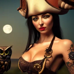 hyper realistic, beautiful ukranian girl, short black air, green eyes, with owl tatoo, dressed a steampunk pirate, bra with carved leather, Pirate ships in background. salvador dalì style. high details, full moon. 4k, unreal engine