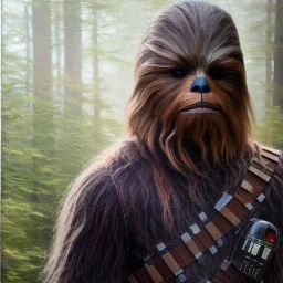 photorealistic and intricate portrait of chewbacca in star wars by Alyssa Monks, wearing beskar armor, deep dark colors, hyperdetailed, 32K, oil on canvas,