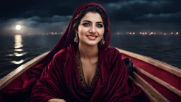 Hyper Realistic Photographic-Close-View Young Beautiful Happy Pashto Woman with beautiful eyes wearing Velvet-Maroon-Dress-with-velvet-black-shawl Happily-Sitting in a boat-carrying-a-Lalten between-the-sea with cloudy-moonlight at beautiful-dark-night showing dramatic & cinematic ambiance.