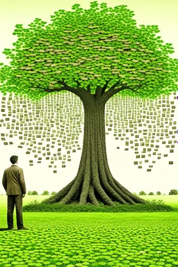 small man looking at big tree full of cash notes