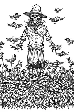 A scarecrow standing in a cornfield, with crows circling overhead. Outline, sketch style, only use outline, mandala style, clean line art, white background, no shadows, no clear wall, coloring page.