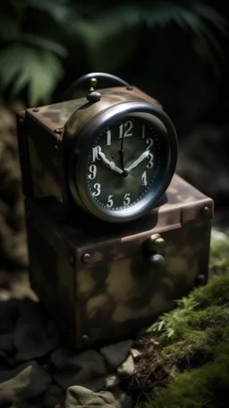 An old classic clock in a box without indicators in the background of black vein, human veins, mixing together a lot of them, like a forest, big and small veins a lot of them, an army helmet from WW2