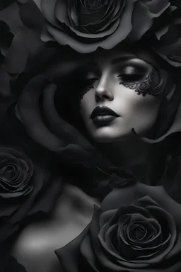 Close-up mage of a beautiful woman's face inside of a black rose, Smoky, 8k quality, extremely realistic, gothic, exceptional creation, fantastic, highly detailed