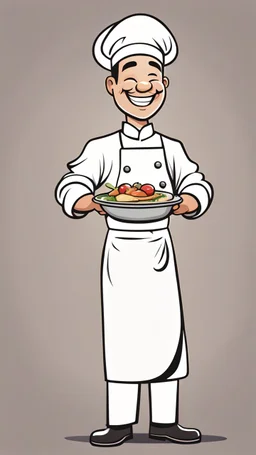 A design of a chef holding a dish in his hand in a professional manner, without the background, He smiles and closes one of his eyes, cute cartoon ,Only his upper body is shown