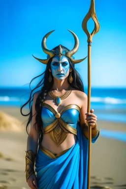 A picture of a beautiful blue faced indian goddess with skin painted blue, blue painted body, blue painted torso, wild black hair, stag antlers, elven ears, golden skirt, holding a staff on a sunny beach