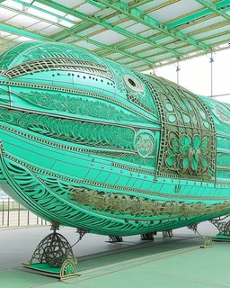 A mint colored airship with fans designed in Mehndi design