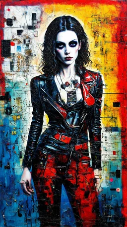 Abstract art, hand assembled, full body female goth rocker portrait from found objects collage, random textile textures, mixed media, Wassily Kandinsky, Jerry Uelsmann, Paul Klee, double color exposure, surreal, otherworldly, dark noir, atmospheric, decayed, sorrowful, forlorn