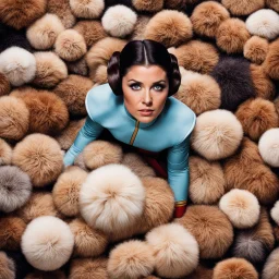 looking down from high above, Princess Leia , in star trek uniform, squeezing out of a big pile of tribbles