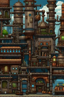 Pixel art computer game, defined pixels, 128 pixel high, steam punk town, detailed, lots of metal pipes