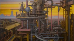 A surrealistic painting features a complex, industrial-like structure with various mechanical components and human faces integrated into the design. The color palette is dominated by muted tones of gray, brown, and yellow, with a gradient of pink and blue in the background suggesting a sunset or dawn. The structure is composed of pipes, metal plates, and various mechanical parts, arranged in a seemingly chaotic yet deliberate manner. Several human faces are embedded within the structure, some ap