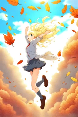 Blonde girl fall from sky. Anime style