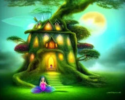 mystical house on a hot tropical island, fantasy art, surreal art, beautiful little fairies sitting on the trees,