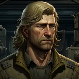 The submarine mechanic Blicke Blocknyckel, a blonde man with a mullet and muttonchops beard realistic grimdark