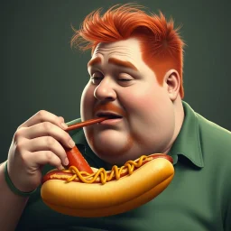 fat man with red hair eating a hot dog, realistic photo
