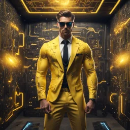 Hyper Realistic handsome muscular Electric-Superhero wearing long-fancy-yellow-tuxedo & fancy-sunglasses in a dark-rustic-circuit-room with electric-sparks & a massive circuit-board-wall