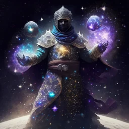 The Muslim commander in a battle dress made of galaxies and stars with a glove that has seven endless stones with a powerful army behind him