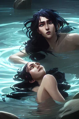 a beautiful woman, long curly black hair,closed eyes,coming from beneath the water,braking the surface with her face just coming out the water,looking up symbolism for breaking free. realistic,8k quality, action close shot from areal view,highly detailed , chaos 80