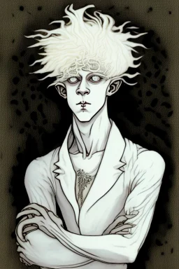 albino young male wizard with third arm extra eyes tendril hair in the style of aubrey beardsley