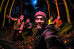 man taking a selfie while being chased by mercenaries in the woods at night