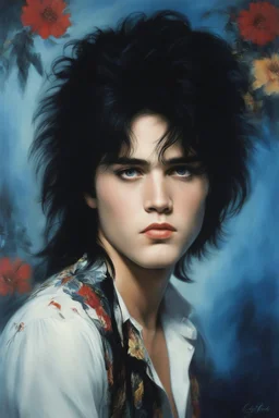 Chiaroscuro lighting, deep shadows, rich deep colors, facial portraits, 1980, 15-year-old Elvis Presley, ((1980's big hair, long, teased up Spikey Motley Crue style hair)), black hair, facial portraits, foggy, cloudy blue wall with assorted designs and multiple floral arrangements in the background, 4k, 8k, 16k, 32k, 100k UHD, Ultra-Hyper Resolution, dark, sultry eyeshadow, eyeliner, mascara, rouge, lipstick, from the rock and roll band KISS