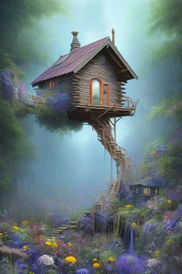 sharp focus, fine detail, romanticism, fine detail mystical forest, wooden cabin, acrylic paint, mystical, purple blue yellow silver teal black olive azure, red, pink, brown, flowers,