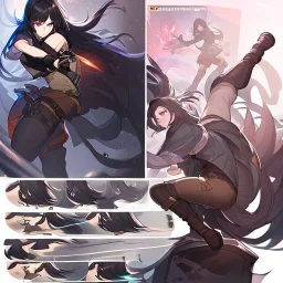 Clear focus,High resolution, Black long fluffy hair, long bangs, and pink eyes, Depressed girl, wearing a crop top sleevless, brown raggidy shorts, short black fingerless gloves, Concept art, Kicking pose, black long boots, fighting pose