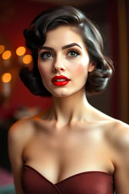 1950s pin up style portrait of a famous beautiful brunette actress looking luxurious with pixie cut and big red lips