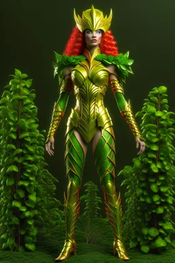Realistic photo, full body of a badass super hero godess of plants