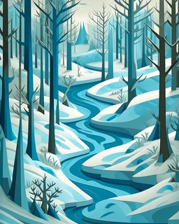 A grayish blue winter forest with a creek designed in Japanese origami painted by Wassily Kandinsky