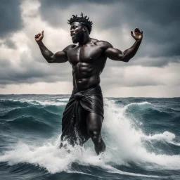 A statue of a powerful Black man standing in the churning ocean with his arms spread over his dominion, he is the Black God Of The Sea and has prominent bulge