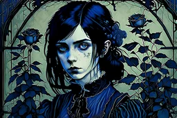 Gothic portrait of a young woman in the style of Arthur Rackham and Norman Rockwell. She has dark blackish blue hair and there are blueberry plants around her. Piercing blue eyes. Steampunk Wednesday Adams