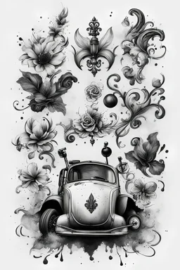 A flash of 10 drawings modern realism with some ink splashes ideas and original designs of the fleur-de-lis and a vespa combined for tattoo designs. Black in on white background