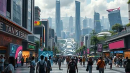 A futuristic scene depicting the bustling heart of a 2080 city center. The foreground features a diverse array of photorealistic individuals engaged with innovative, tech-enhanced elements - holographic displays, autonomous transportation, immersive public art. In the background, a panoramic vista of the larger city skyline - towering organic skyscrapers, elevated transit, verdant green spaces. Convey a sense of scale, depth and awe-inspiring technological wond