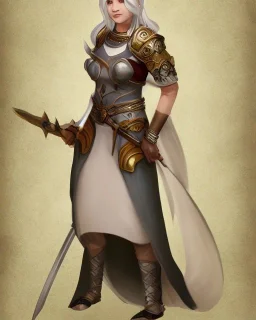 d&d character, female, cleric, cheerful, armor, white hair, gold eyes