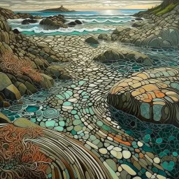 Pacific coastal tidal pools. Modifiers: fantastic view Ivan Bilibin patchwork minimalism Igor Dubovoy Yossi Kotler deeply saturated colour Alice Bailly Dramatic light and shadows mercury glass patina Svetlana Gadjieva Dark metallic tones, burnished patina clearly outlined linear forms with graceful curves Sweeping lines, bold shapes, abstracted v