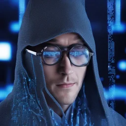 Cyber wizard using glasses with blue matrix backgroud
