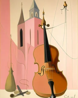 A pinkish tan steeple with string family instruments painted by Lyonel Charles Feininger