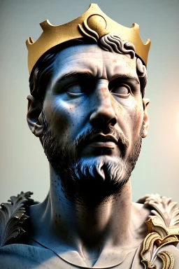 Ultra Realistic image, Roman sculpture, white marble material, Lionel Messi, gold Laurel leaves wreath, god crown, renaissance ornaments, one gold star in heart, sun ornament, sun rays background, chisel style, waist up portrait, emperor style, epic, celestial, cinematic lighting, God light, god rays, 4k resolution, smooth details, ornate details, soft lighting, unreal engine 5, art station, substance 3d.