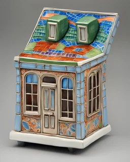 intricate porcelain sculpture of the square vacant street kiosk, miniature, figurine, circa 2000, painted and glazed ceramics, crocoitte and cherenkov radiation color palettes, 7 cm height, facade small square window for cash, flat roof, one-story, one-room, silver mean composition, hyper detailed, hyper realistic, sophisticated, contemporary urban art gallery, product-focused, sharp focus, inspired by Mark Rothko, Marc Chagall, Bruno Munari, Benetton, gestalt theory and metamodernism