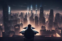 #image A shadow of guy coding in his apartment during midnight in New York in year 2100 looking over the city with Wonderfull lighting with flying cars .