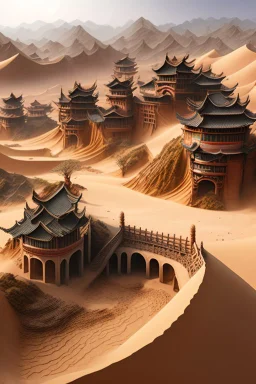 ancient, fantasy, chinese town, dune, crater, sand strom, destroyed chinese houses