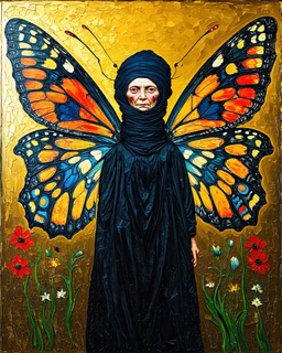 A strange old thin fairy with detailed shapes, head wrapped in dark cloth. Colorful butterfly wings. It stands in the gold, black and blue space of a flower hell. Abstract expressionism, grunge textured grainy oil colors on canvas. Disturbing depressive. Soft brush strokes Gustav Klimt.