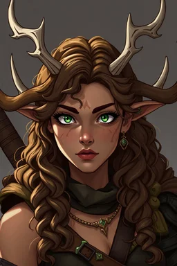 A female fantasy warrior with antlers, olive toned skin, long brown curly hair, green eyes. Quirky face with some type of markings.