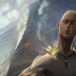 Portrait of one punch man, background Singapore's Marina Bay Sands, 8k resolution concept art portrait by Greg Rutkowski, Artgerm, WLOP, Alphonse Mucha dynamic lighting hyperdetailed intricately detailed Splash art trending on Artstation triadic colors Unreal Engine 5 volumetric lighting, mappa studios